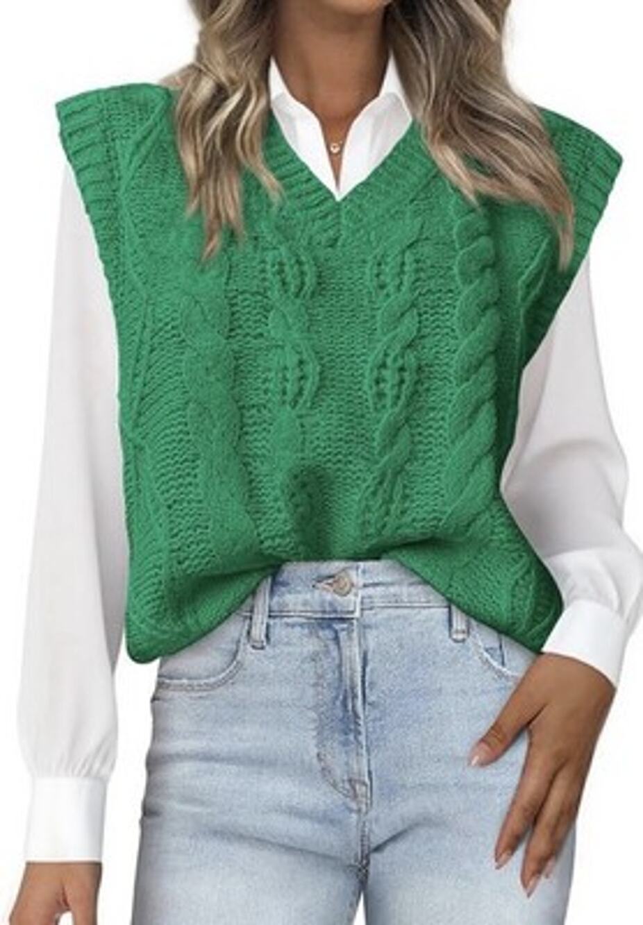 Sweater Vest Oversized V Neck Cable Knit Casual Pullover Green Women’s M